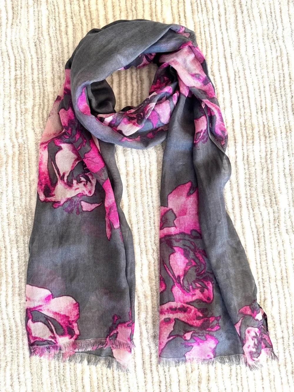 Banana Republic Silk Wool Floral Scarf Pink Charcoal Gray 72x22